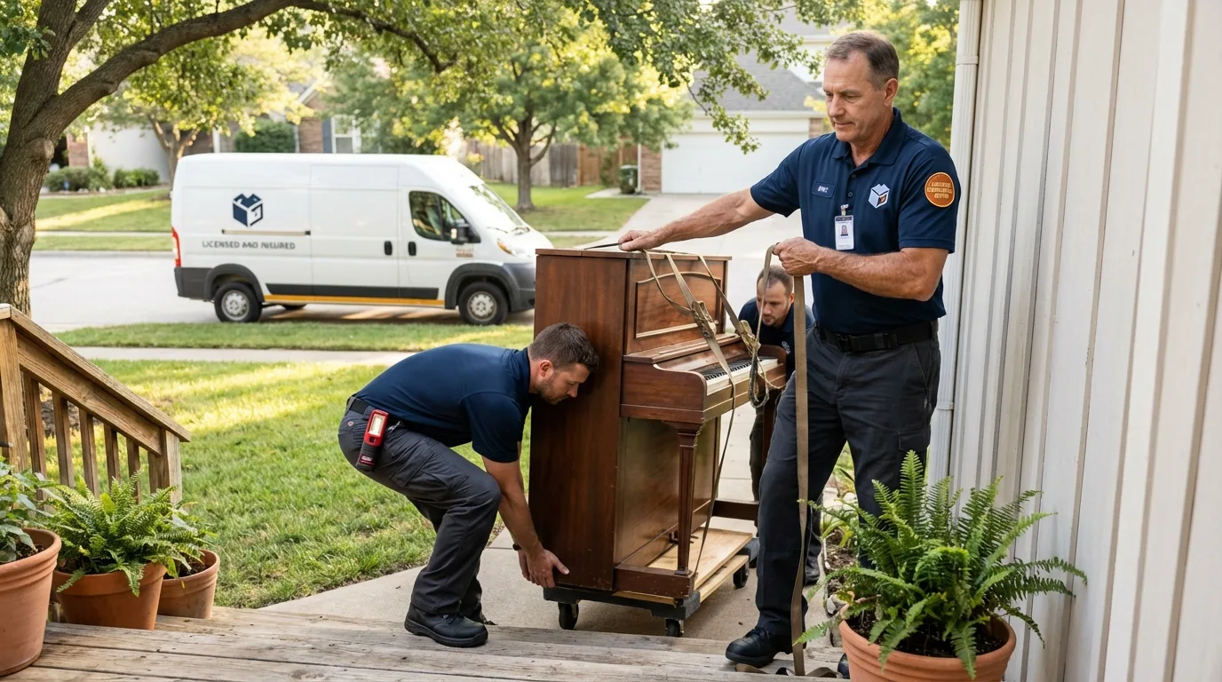 Licensed piano movers securing grand piano in Garretson, SD