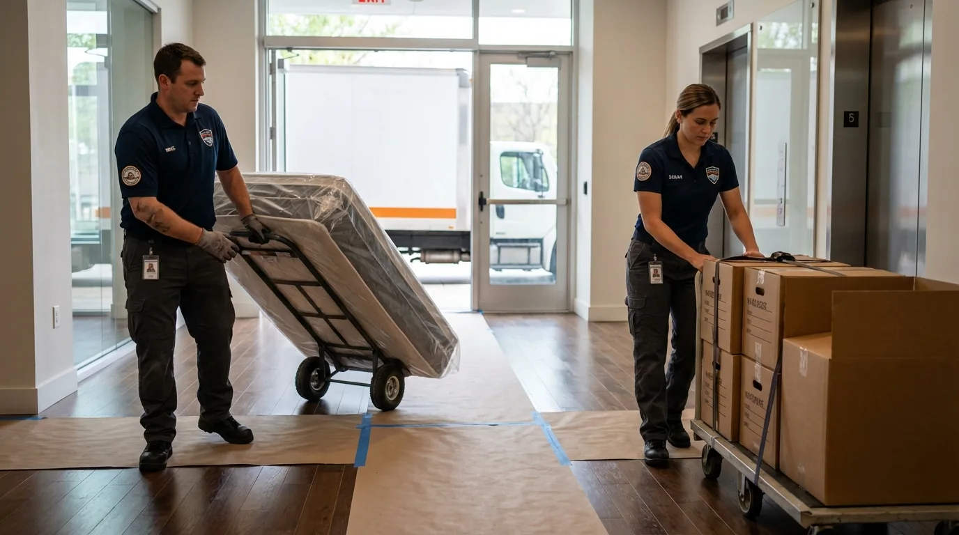 Professional apartment movers loading elevator in Garretson, SD